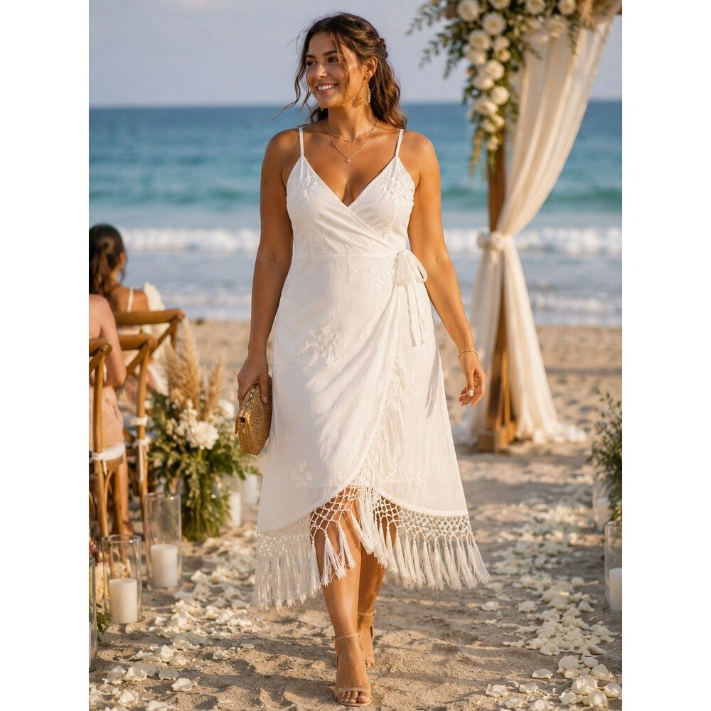 Lulus White Embroidered Wrap Midi Dress Fringe Hem Wedding Bridal Shower Medium
